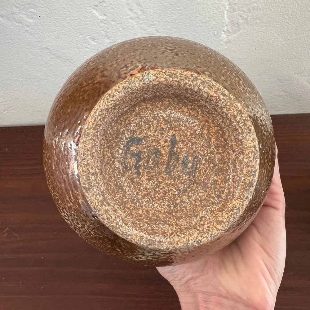 Stoneware hand made vase metallic glaze bronze orange mid century pottery